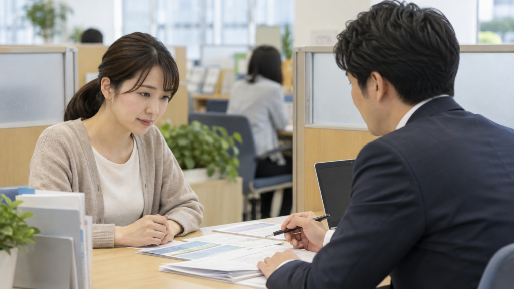 労働相談の窓口で資料を見せながら状況を相談する社員