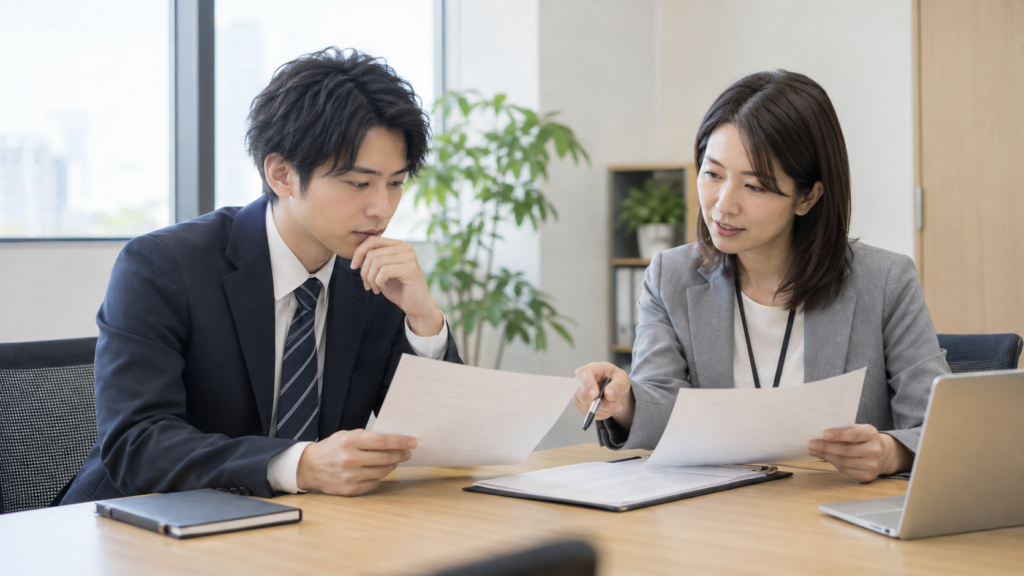 試用期間の延長通知を受けて契約条件を確認する社員