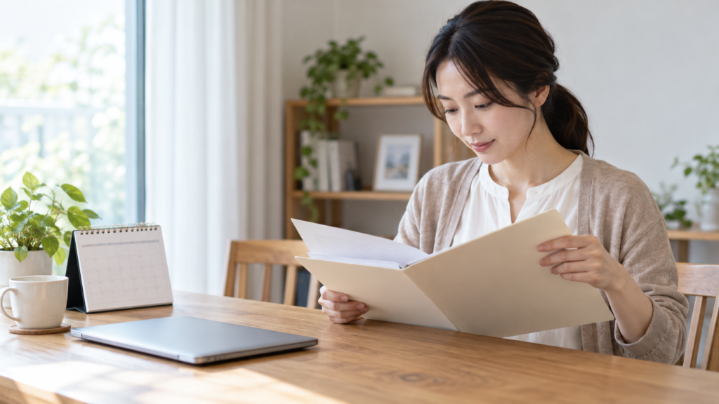 給付の条件を確認するため資料を開く人