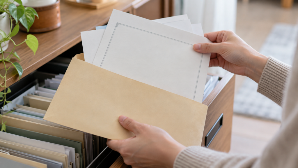 給付の決定通知と保管書類を探す様子