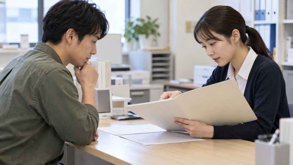 給与と勤怠の資料を会社担当者と確認する場面