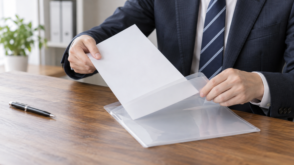 署名せず退職に関する書類をファイルへ収める手元