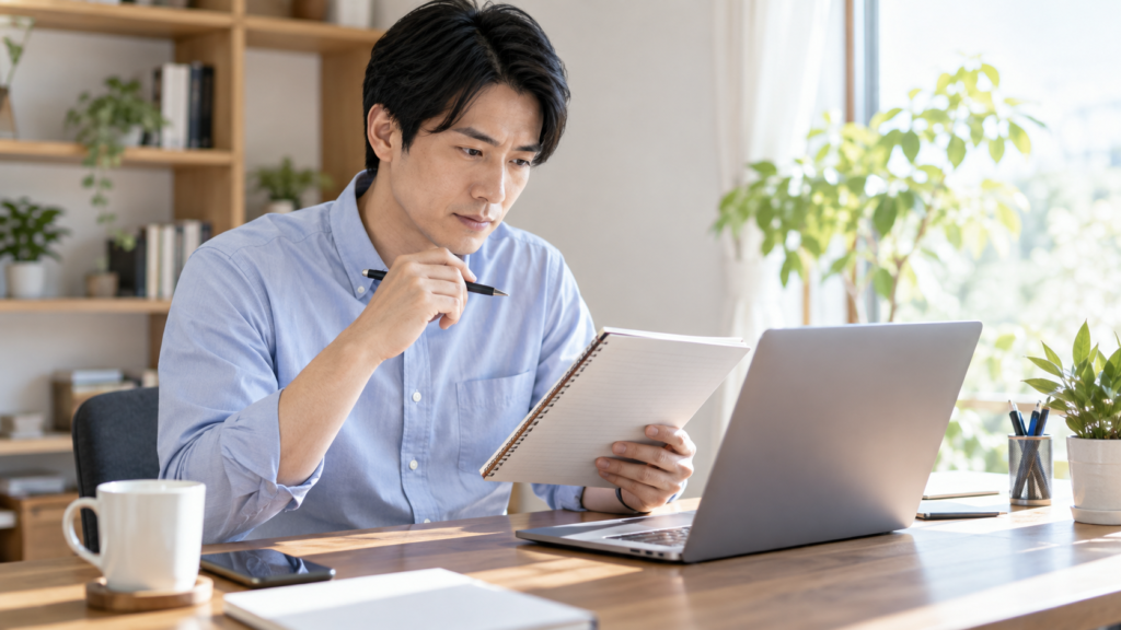拒否を伝える連絡と面談メモを準備する会社員