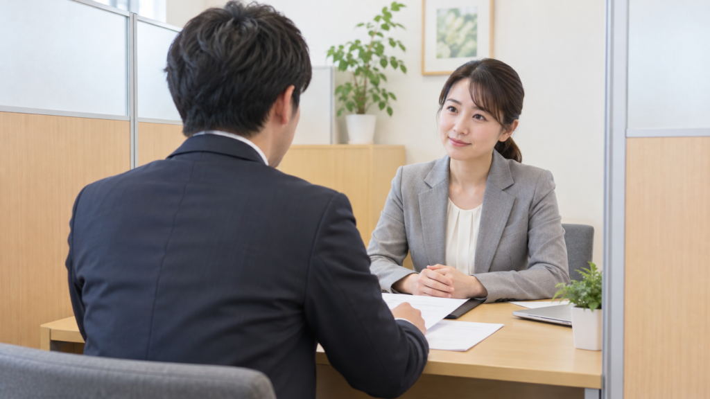 働き続けたい希望と面談記録を相談員へ伝える場面
