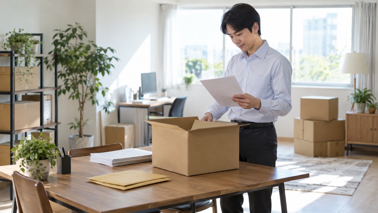 転勤に向けて費用の資料と荷物を整理する会社員