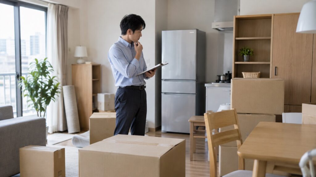 運ぶ家財と追加作業を確認する様子