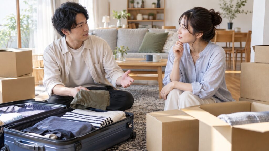 家族同行か単身赴任かを話し合う家庭