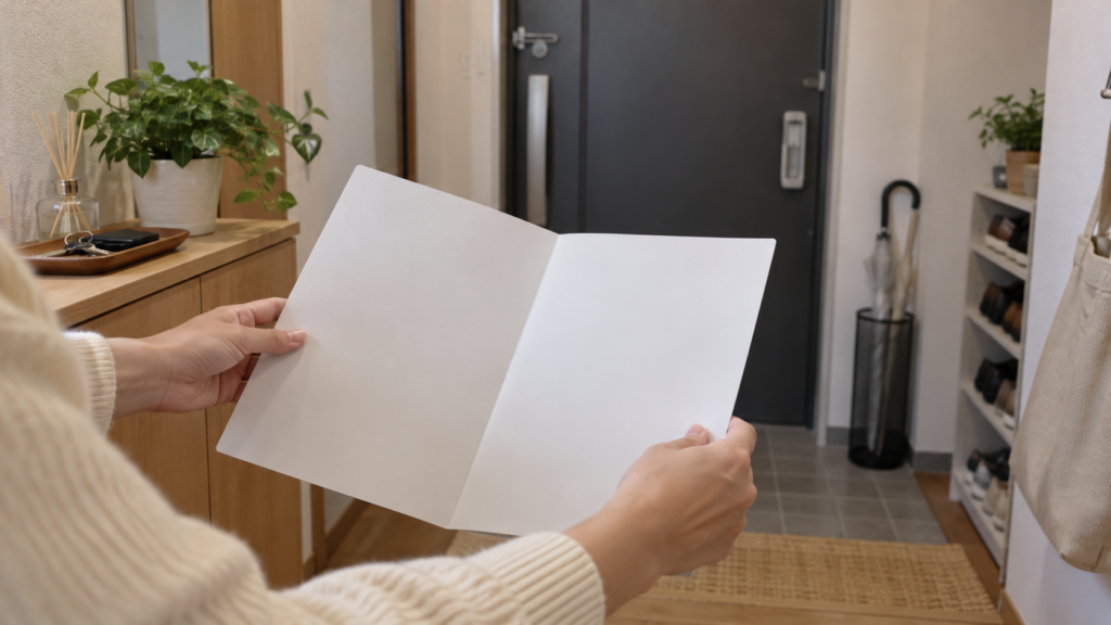 社宅の入居書類を手に退去条件を確認する社員
