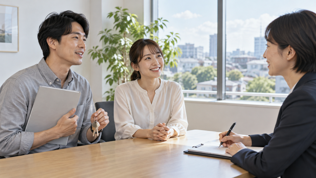 会社の担当者に社宅の退去予定について相談する社員