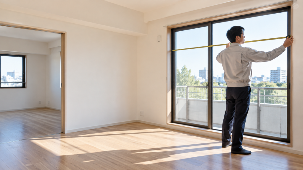 次の住まいの室内を内見して生活空間を確認する人