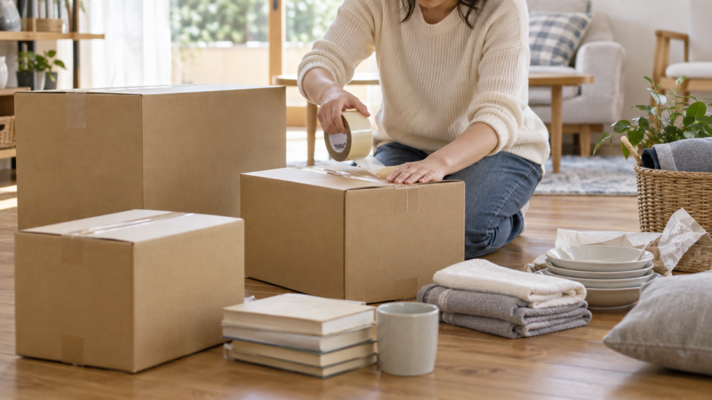 引越しのために荷物を仕分けして梱包する様子