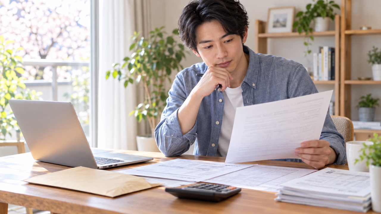 退職後に自宅で税の書類を確認する人のイメージ