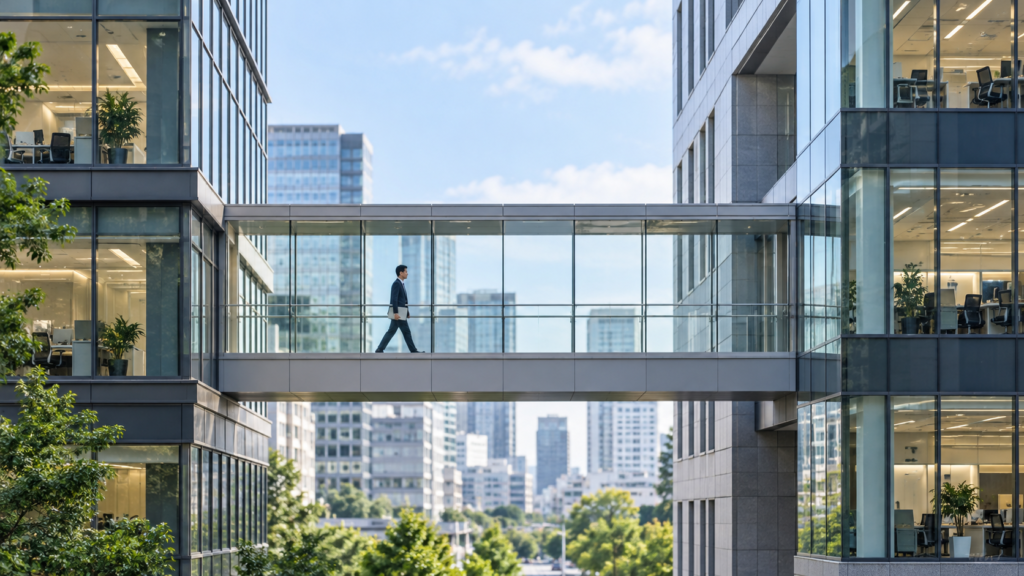 別々の会社のオフィスをつなぐ通路と会社員