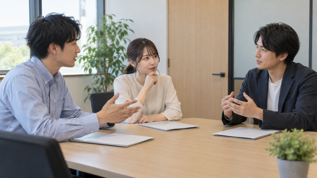 出向の目的と人選について会議室で説明を聞く社員