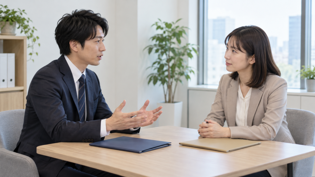 人事担当者へ出向条件の確認と相談をする社員