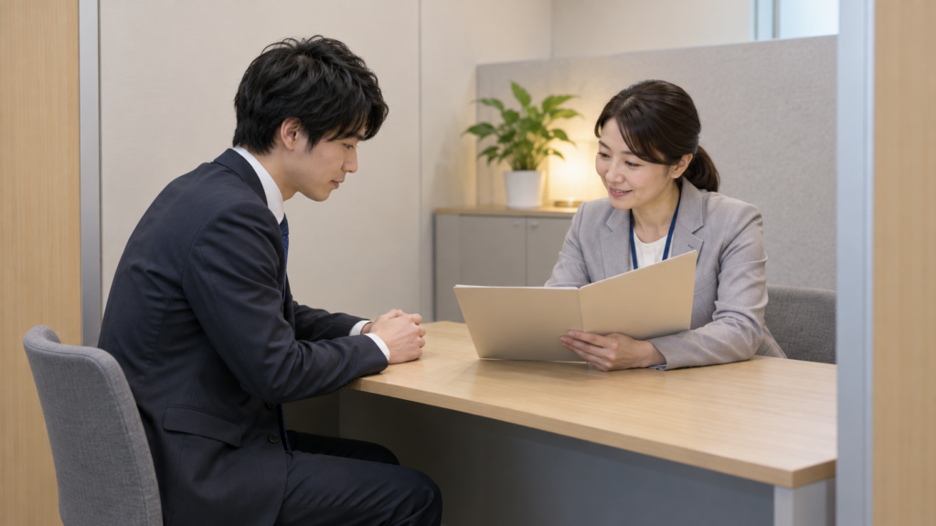 相談窓口で書類を見ながら出向の問題を相談する人