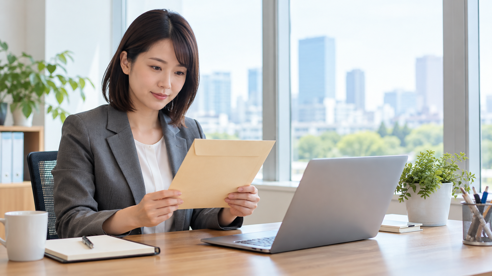 ストレスチェックの案内と情報の扱いを確認する会社員