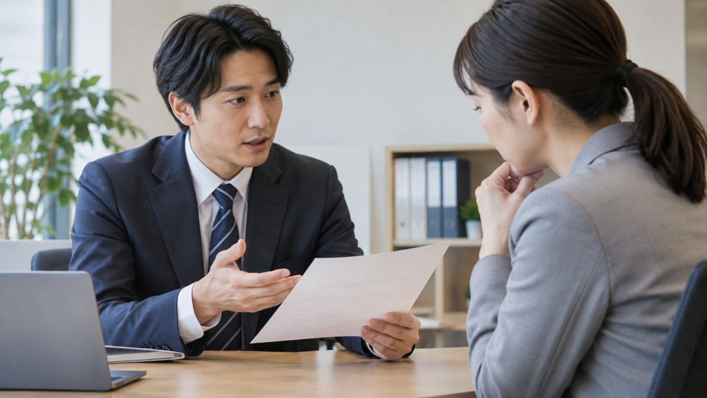 制度の取扱いについて担当者へ確認する会社員