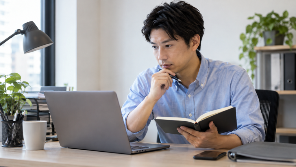 情報管理の確認事項を整理する会社員