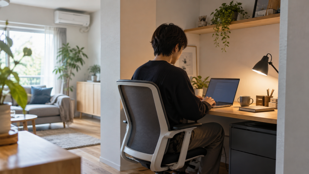 自宅の仕事部屋でパソコンと照明を使って働く人