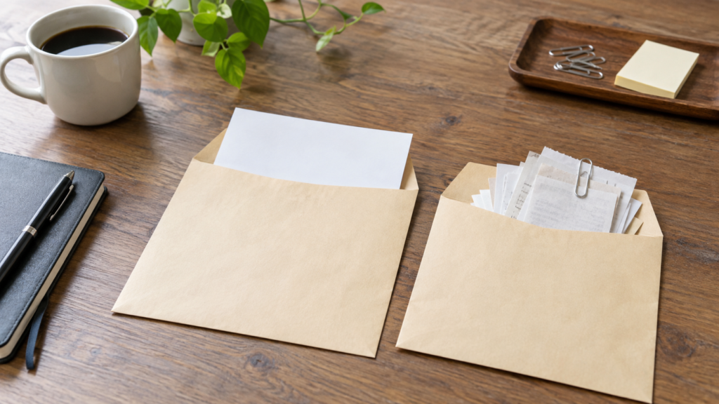 定額支給と実費精算を考えるための封筒と領収書