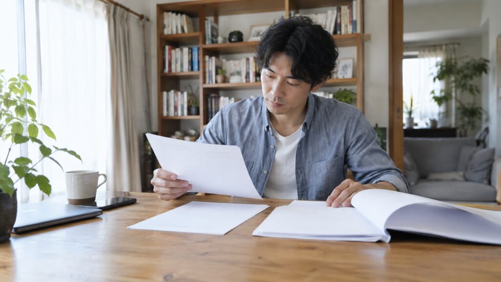 研修資料と請求書を落ち着いて確認する会社員