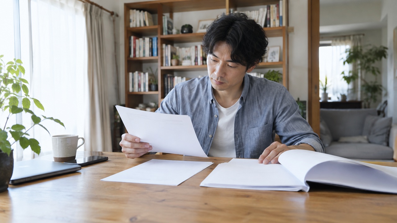 研修資料と請求書を落ち着いて確認する会社員