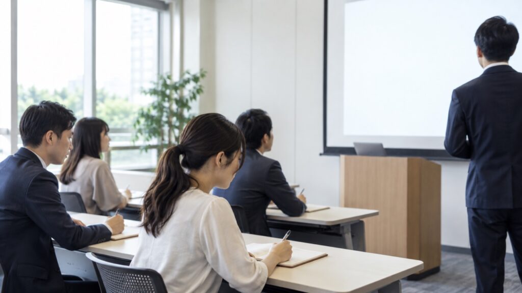 業務研修の実施状況を振り返る会社員