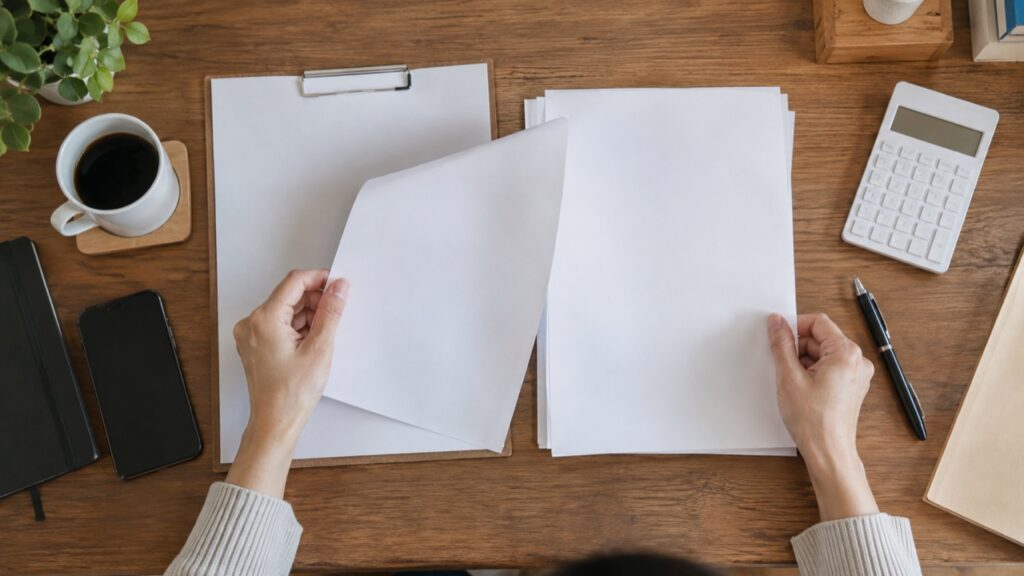 貸付の条件と支払資料を比較する様子