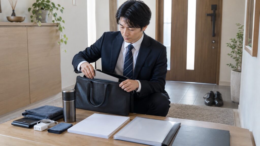 退職手続きと研修資料を整理する様子