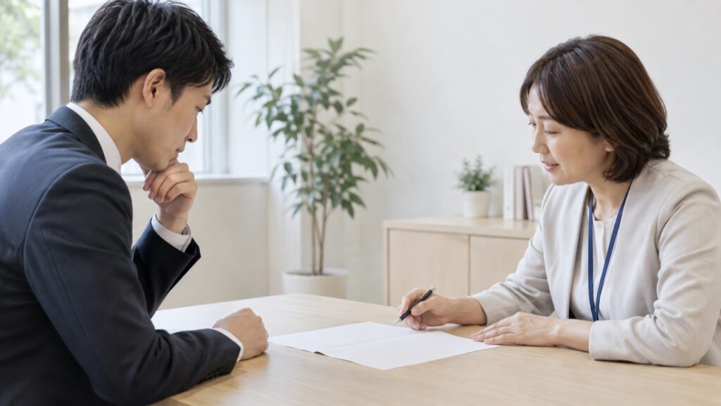 研修費の相談資料を窓口で確認する様子
