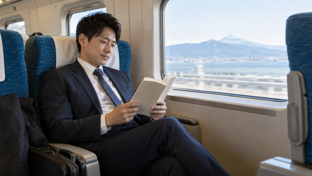 出張の電車内で読書して自由に過ごす会社員