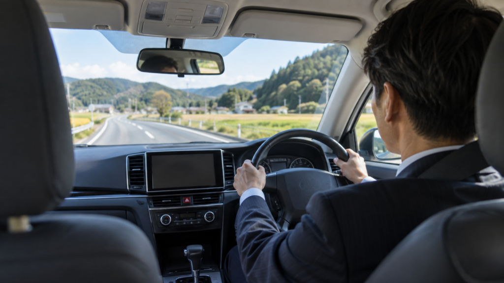 出張先へ業務用車を運転する会社員