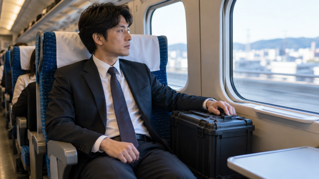 出張の移動中に業務用機材のケースを管理する会社員