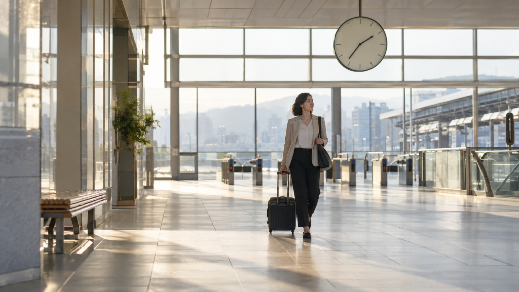 休日の出張で駅を移動する会社員