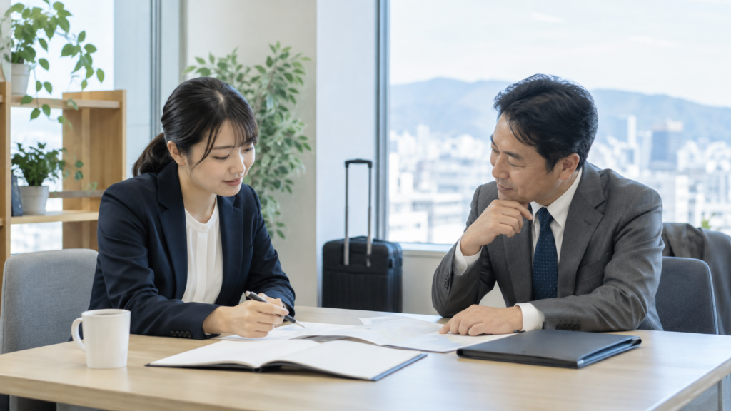 出張の勤怠記録を上司と確認する会社員
