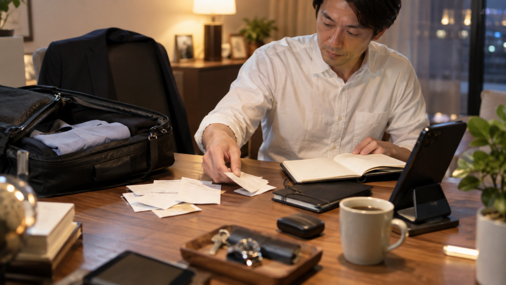 出張の資料と記録を整理して相談の準備をする会社員