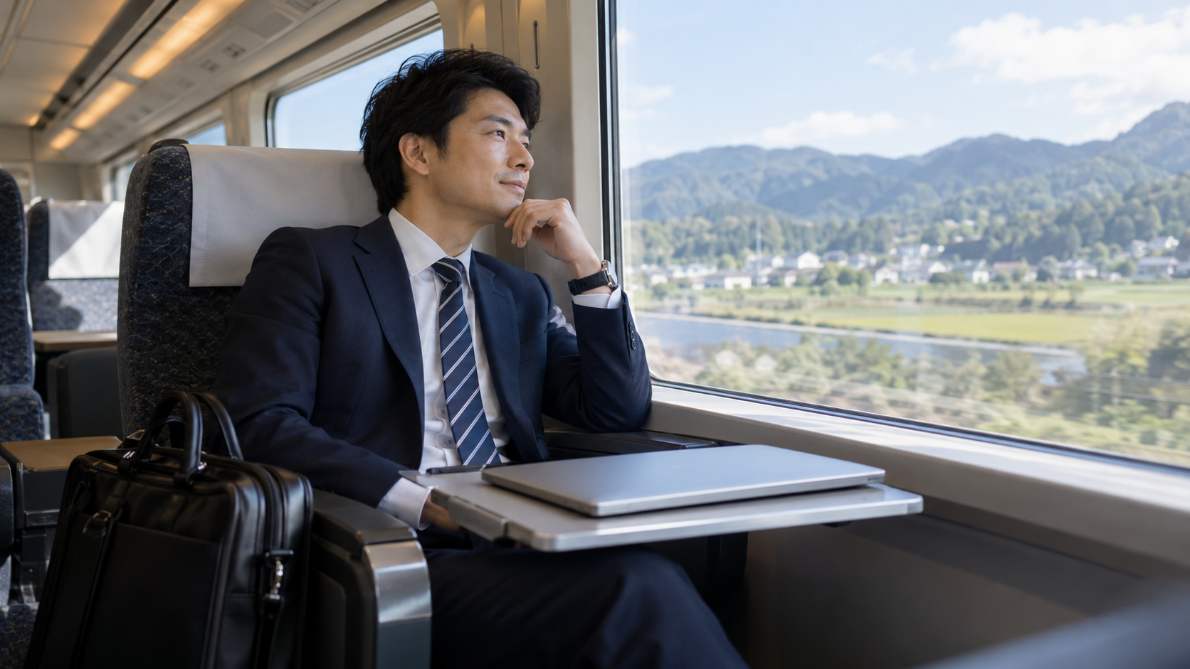 出張の列車内で移動時間の扱いを考える会社員