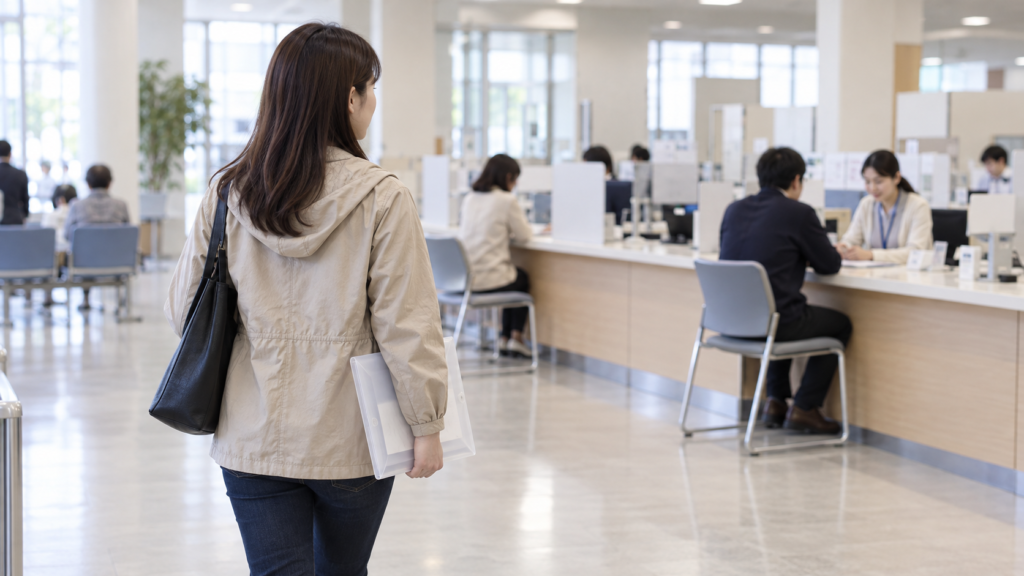 国民年金の申請に向けて書類を持ち相談窓口へ向かう人