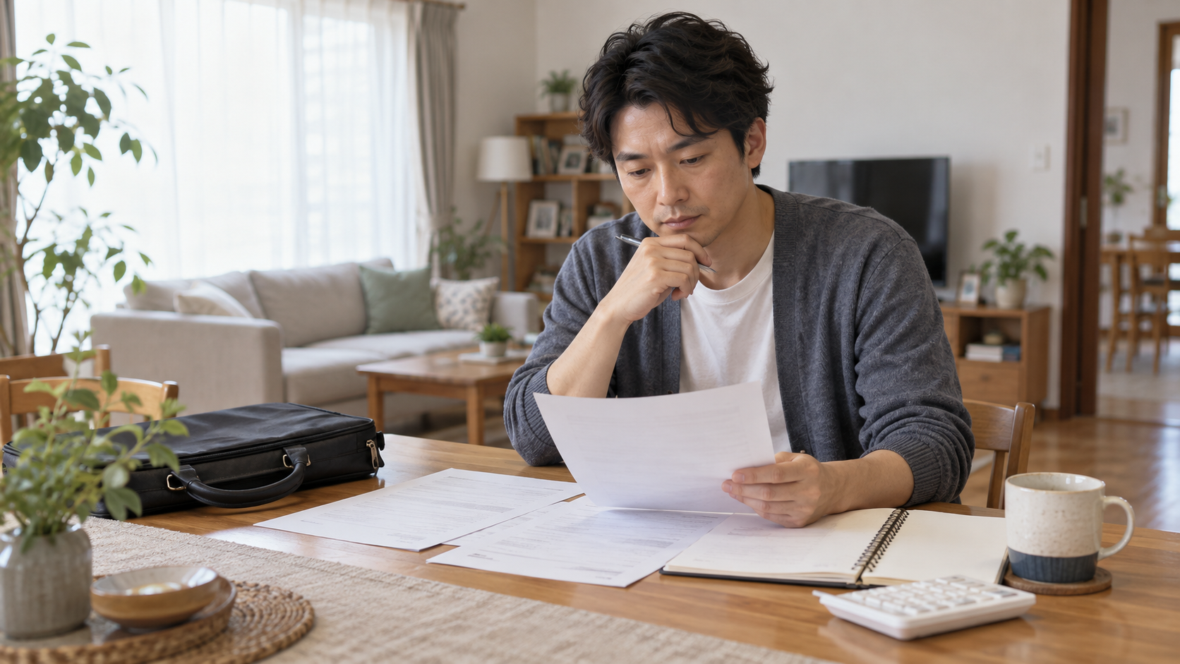 年金の書類と生活費を確認する退職後の日本人男性
