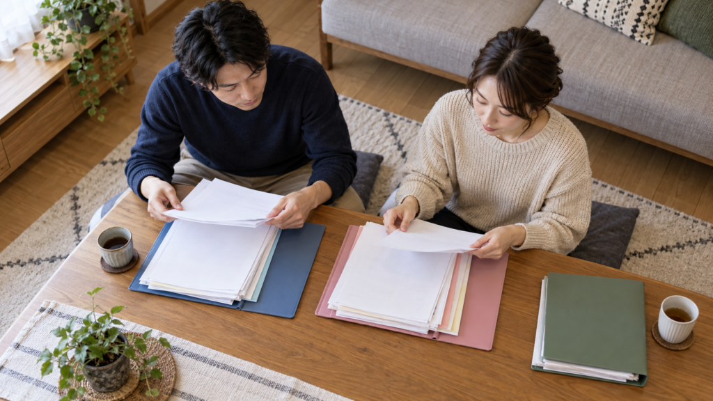 本人と家族の収入資料を分けて確認する夫婦