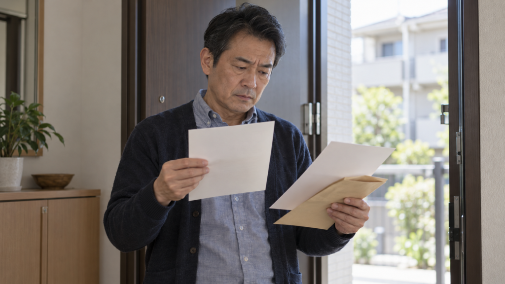 届いた年金の結果通知と納付書を確認する人