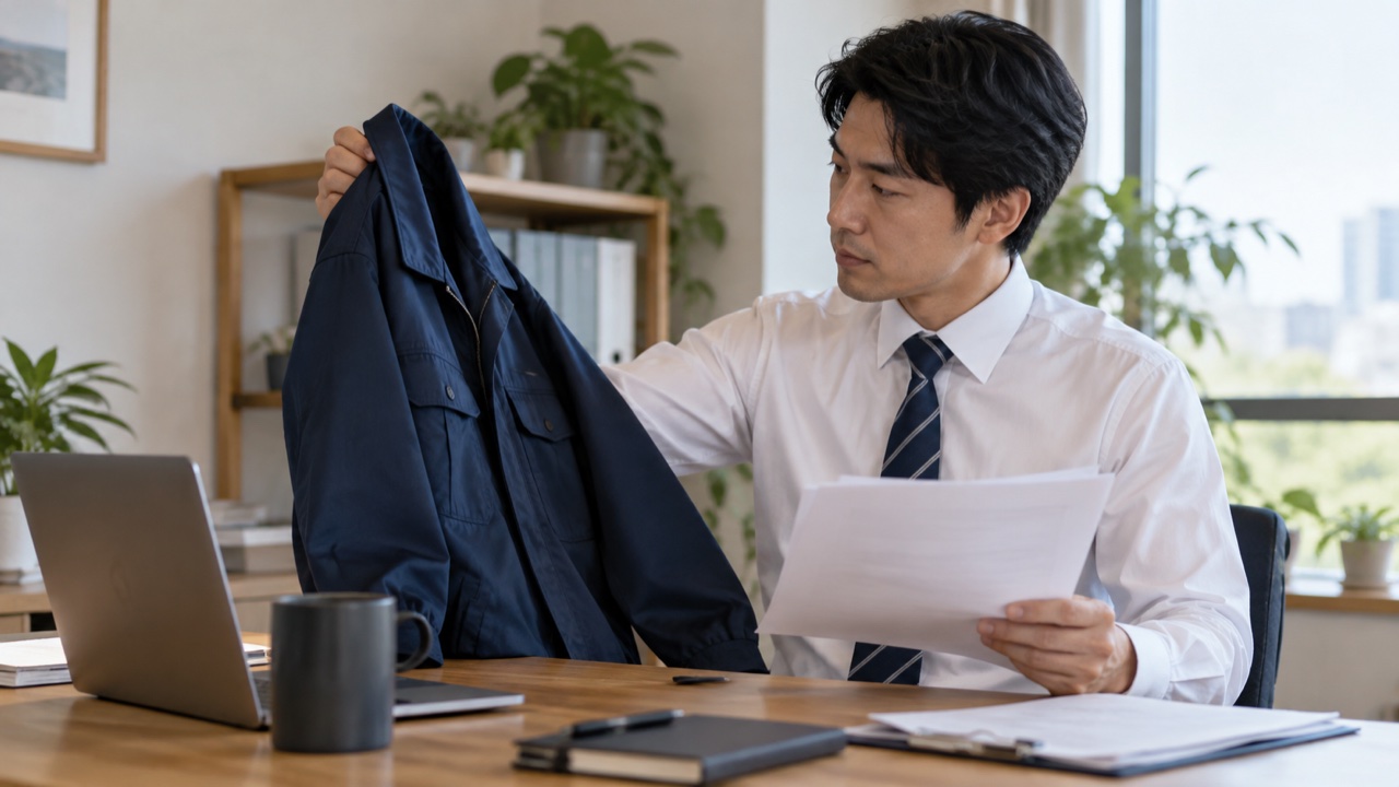 制服と費用の説明資料を確認する労働者