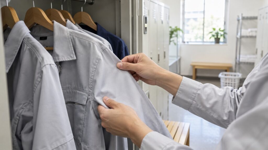 更衣室で制服の状態を確認する手元