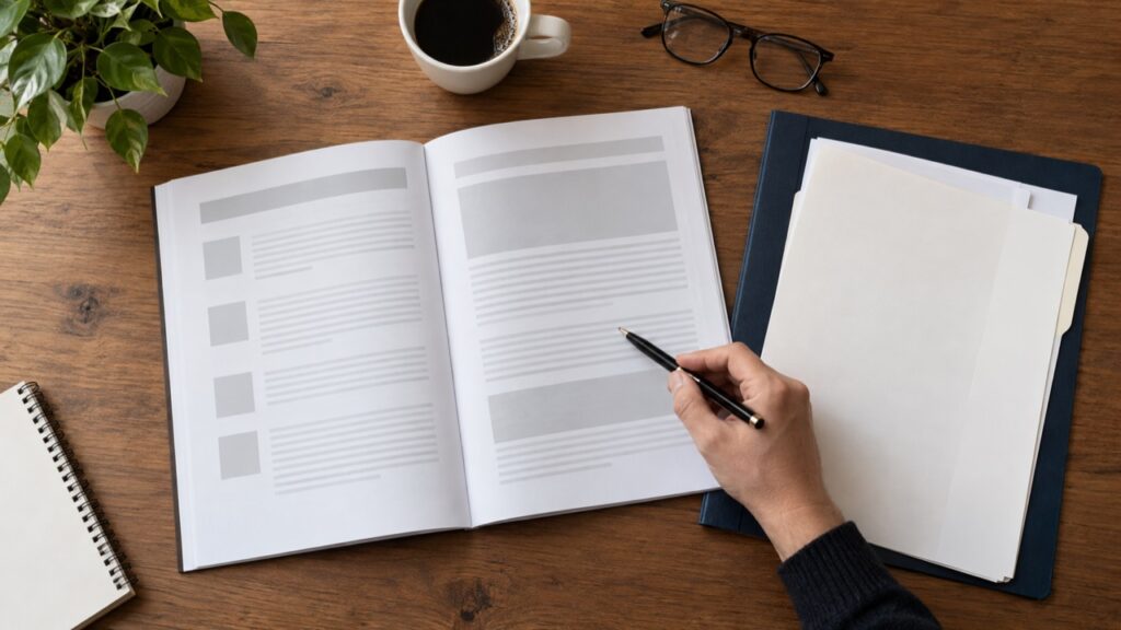 費用負担の規程と説明書を確認する手元