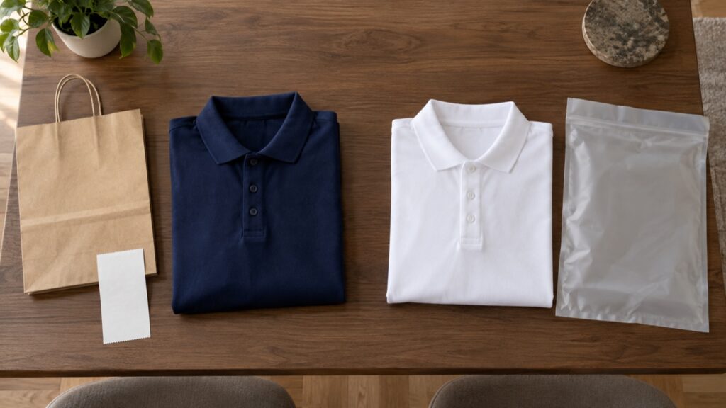 制服の購入袋と返却用袋を分けた机