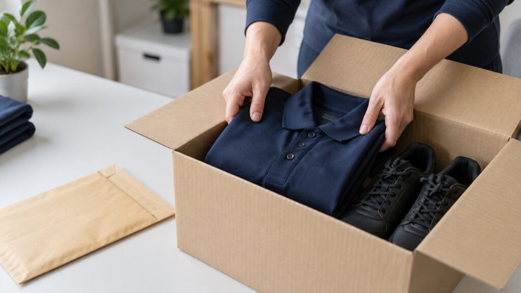 制服と貸与品を返却用の箱にまとめる手元