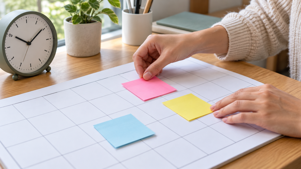 手続きごとの期限を色分けした予定表を確認する手元