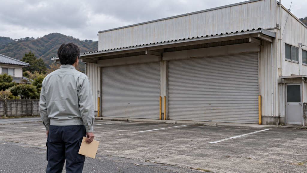 閉まった事業所の外観を確認する退職者
