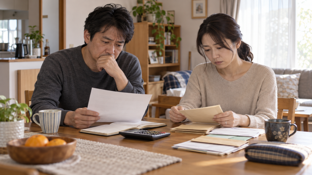 支払通知を確認し生活費の予定を家族で相談する様子